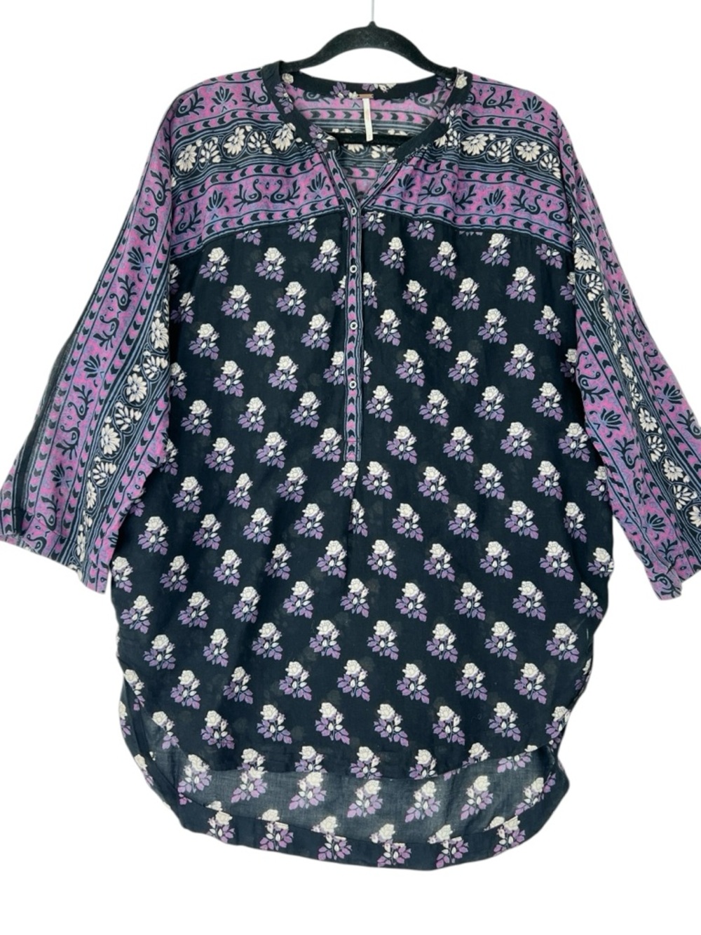 Free People Floral tunic top Sz M Oversized Boho Lightweight Pullover Semi Sheer